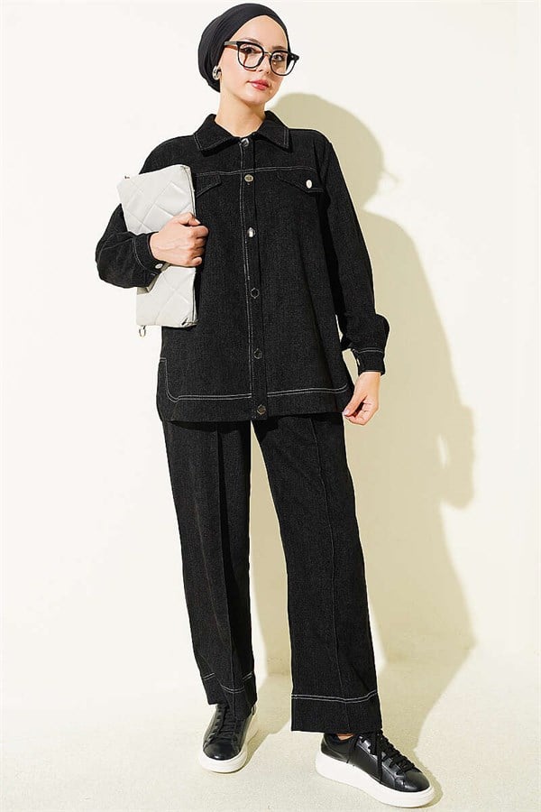 Metal Button Denim 2 Piece Set, Black