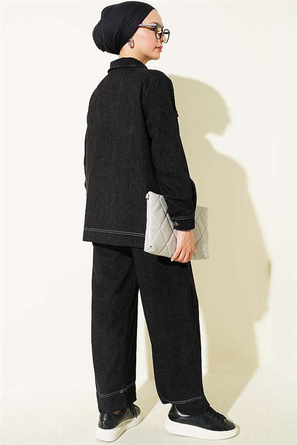 Metal Button Denim 2 Piece Set, Black