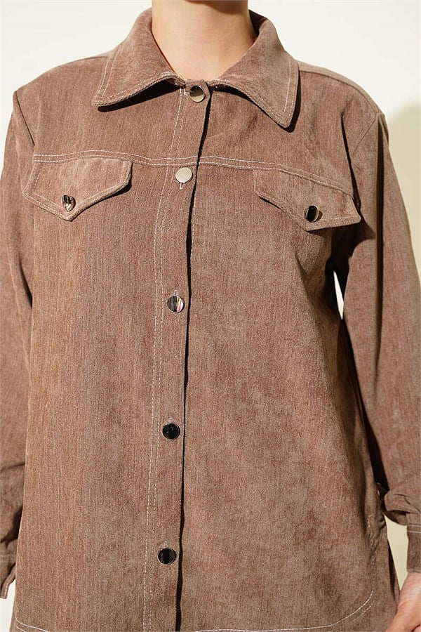 Denim 2 Piece Set with Metal Buttons, Mink Color