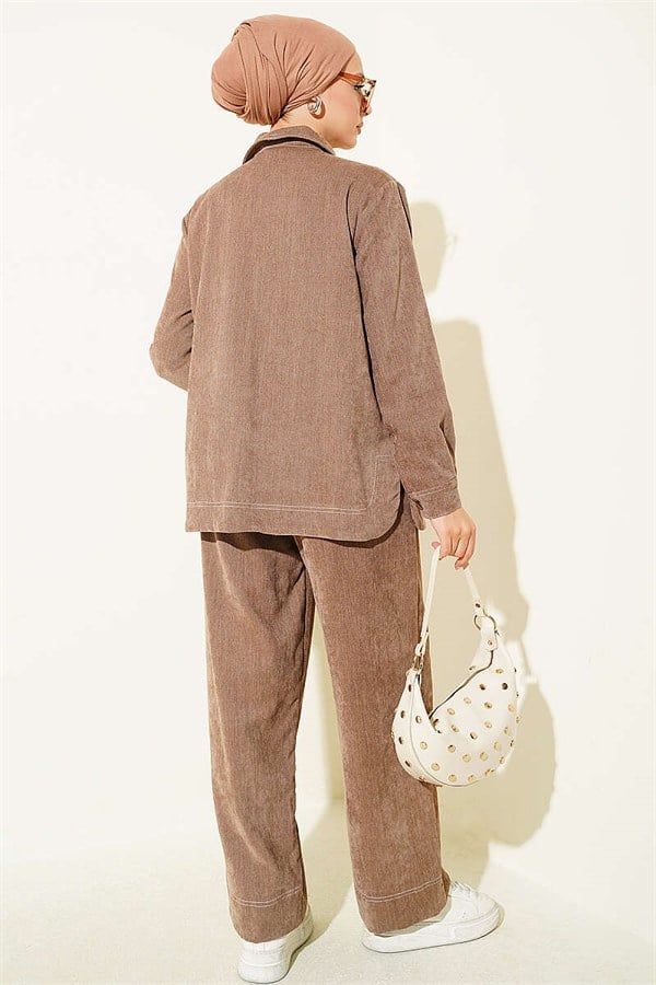 Denim 2 Piece Set with Metal Buttons, Mink Color