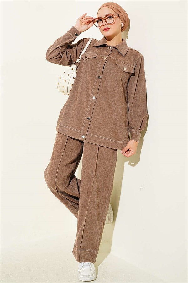 Denim 2 Piece Set with Metal Buttons, Mink Color