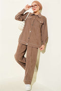 Denim 2 Piece Set with Metal Buttons, Mink Color