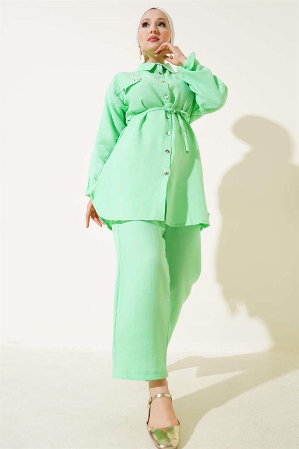 Metal Buttoned Muslin 2 Piece Set Green