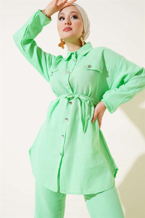 Metal Buttoned Muslin 2 Piece Set Green