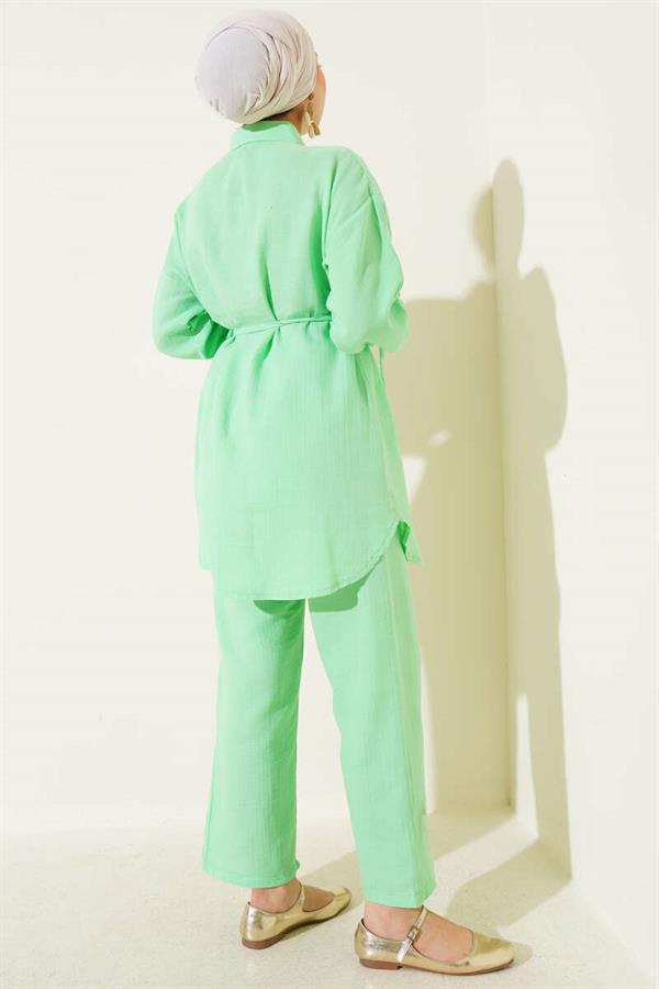 Metal Buttoned Muslin 2 Piece Set Green