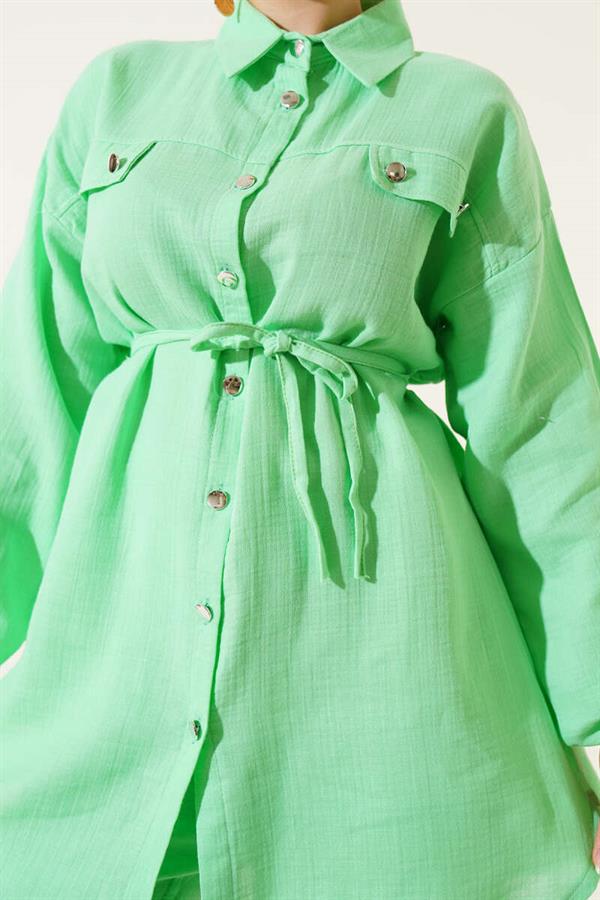 Metal Buttoned Muslin 2 Piece Set Green
