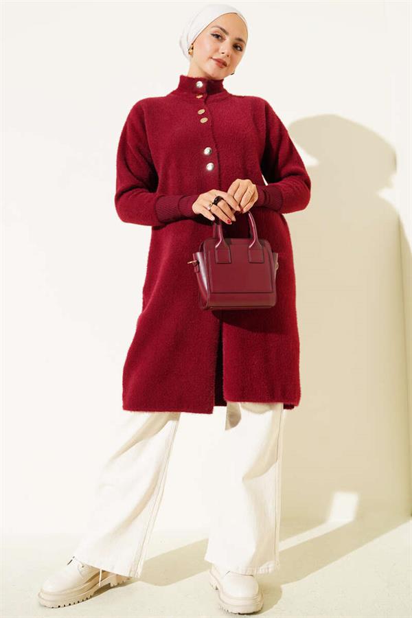 Bearded Cardigan with Metal Buttons, Burgundy