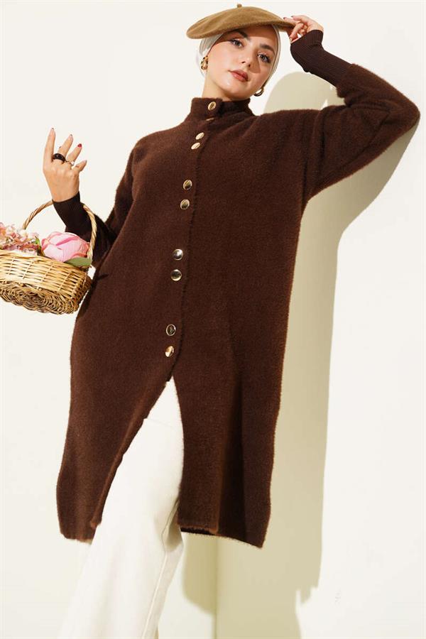 Metal Buttoned Bearded Cardigan Brown