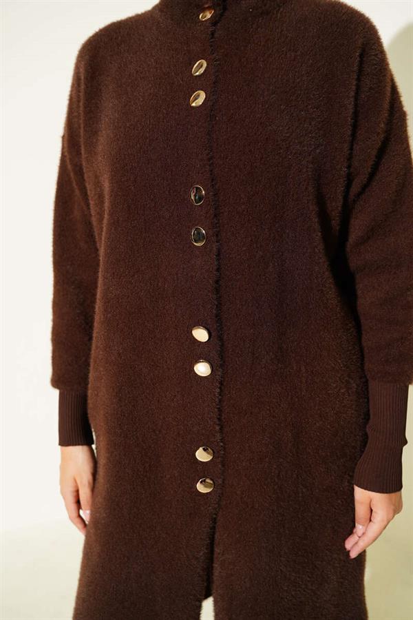 Metal Buttoned Bearded Cardigan Brown