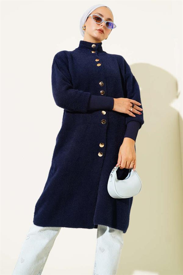Bearded Cardigan with Metal Buttons, Navy Blue