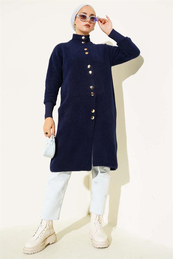Bearded Cardigan with Metal Buttons, Navy Blue