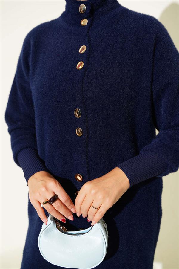 Bearded Cardigan with Metal Buttons, Navy Blue