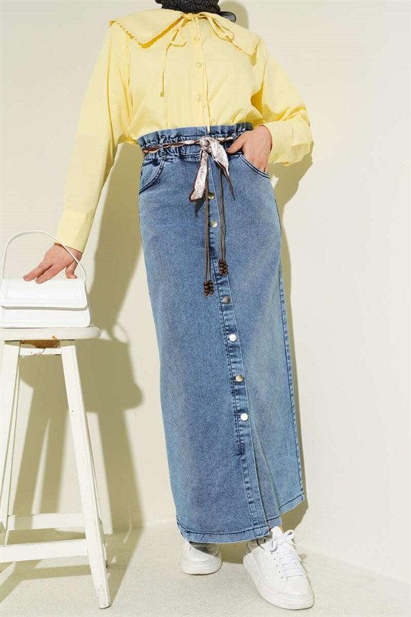 Metal Buttoned Shawl Belted Denim Skirt Light Blue