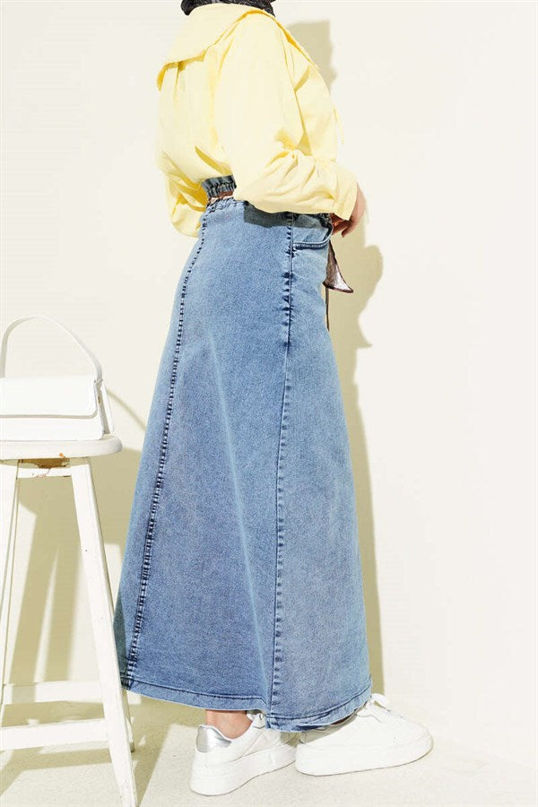 Metal Buttoned Shawl Belted Denim Skirt Light Blue