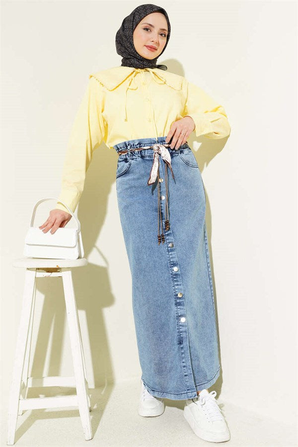Metal Buttoned Shawl Belted Denim Skirt Light Blue