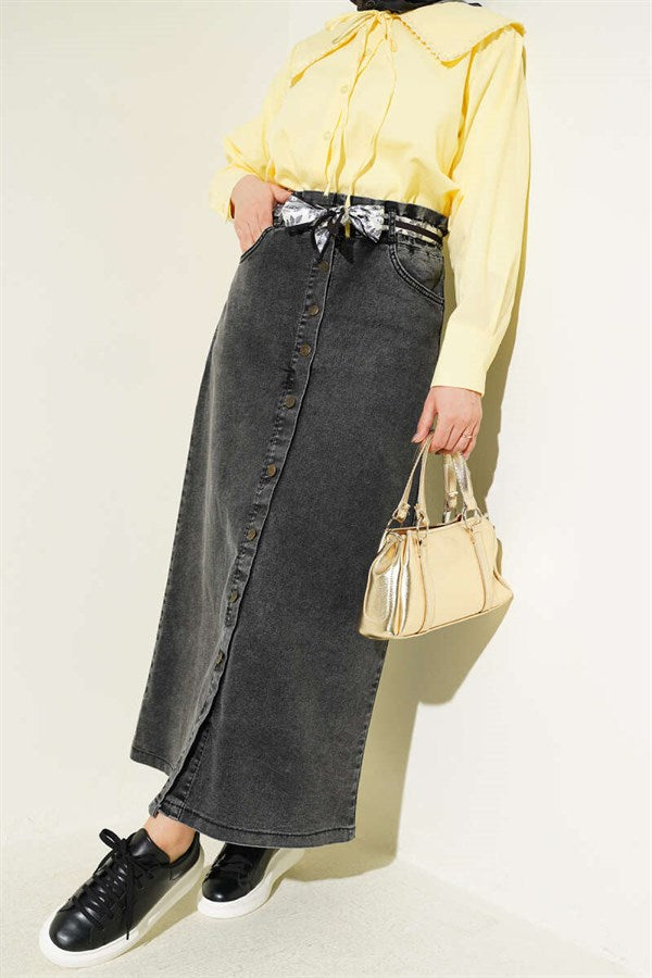 Metal Buttoned Shawl Belted Denim Skirt in Dark Gray