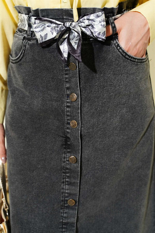 Metal Buttoned Shawl Belted Denim Skirt in Dark Gray