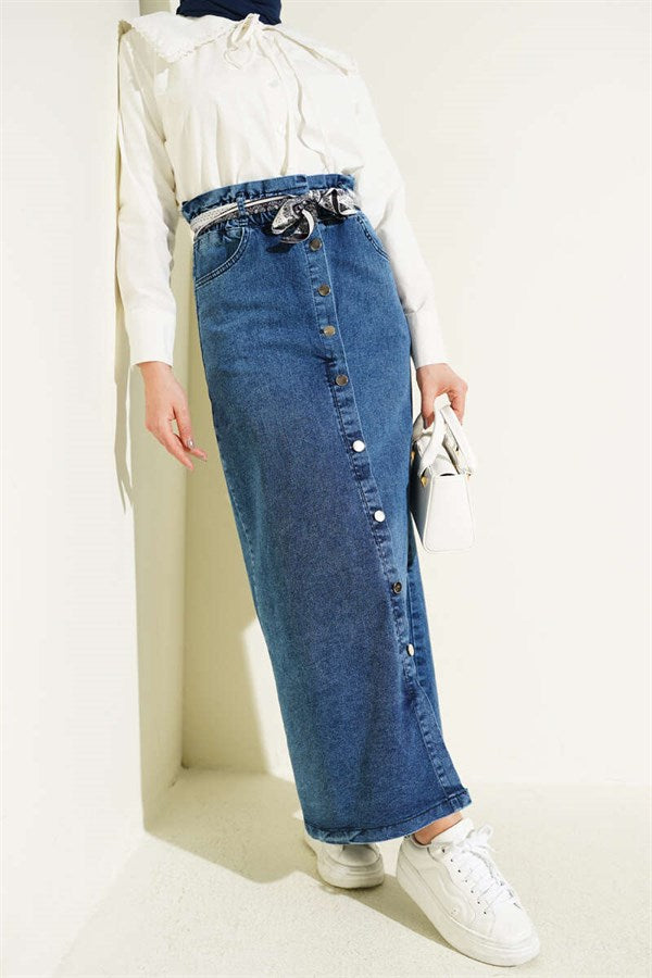 Denim Skirt with Metal Button Shawl Belt, Denim Blue