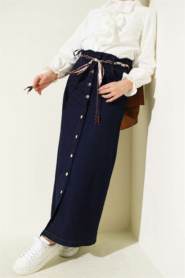 Navy Blue Denim Skirt with Metal Button Shawl Belt