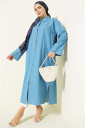 Loose-fitting long denim tunic with metal buttons, denim blue.