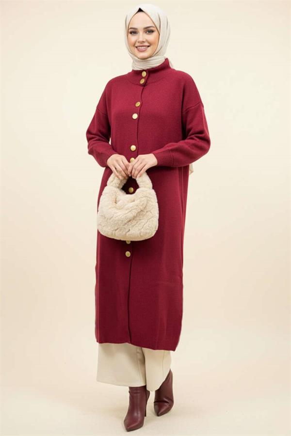 Long Knitted Cardigan with Metal Gold Buttons, Burgundy