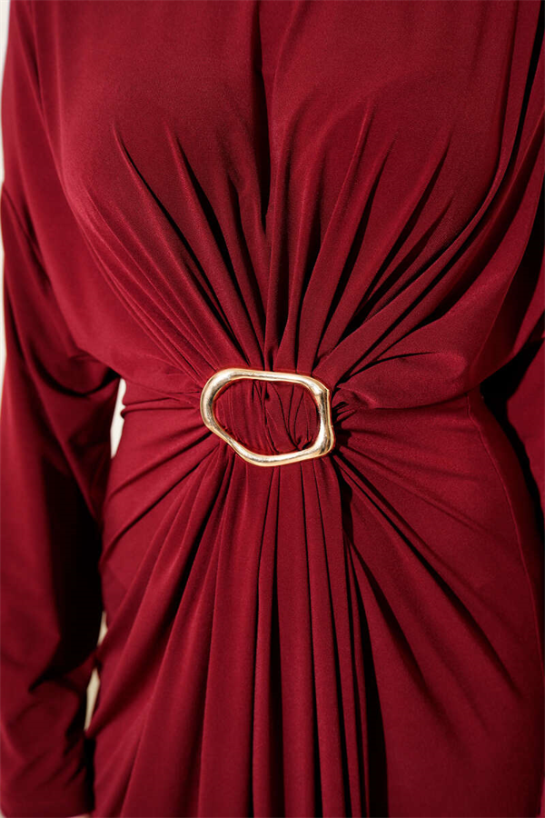Sandy Dress with Metal Buckle and Gathered Design, Burgundy