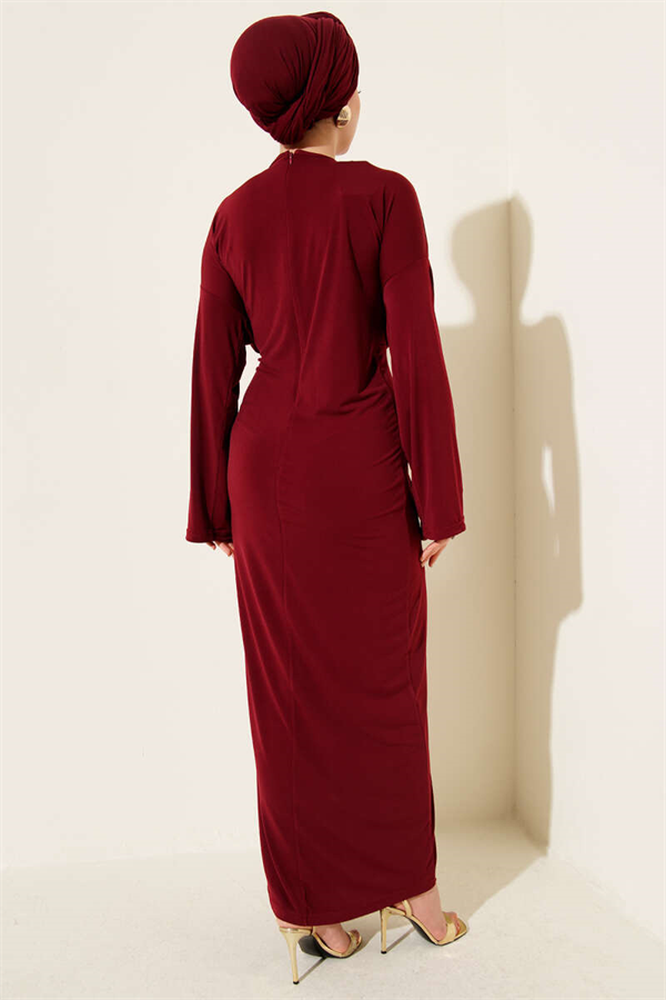 Sandy Dress with Metal Buckle and Gathered Design, Burgundy
