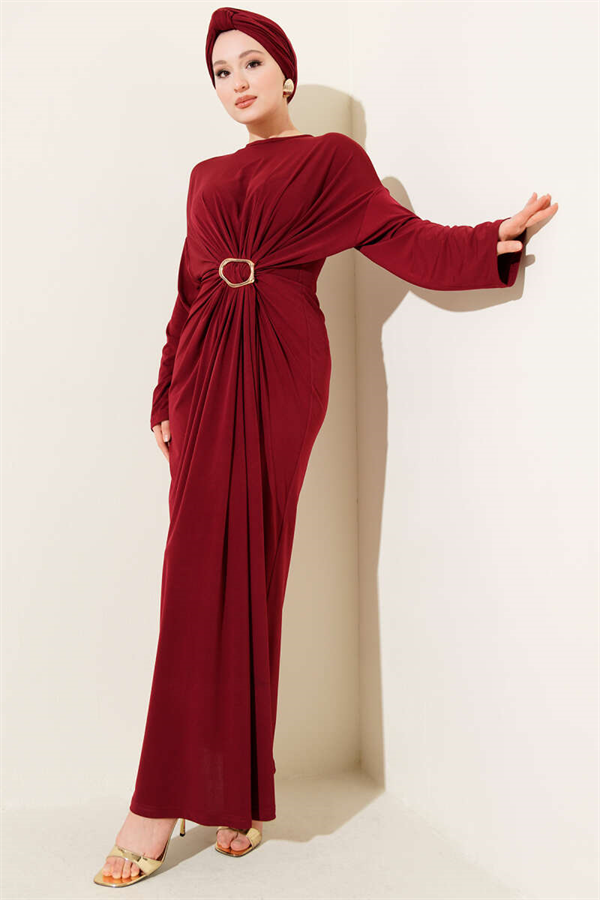 Sandy Dress with Metal Buckle and Gathered Design, Burgundy