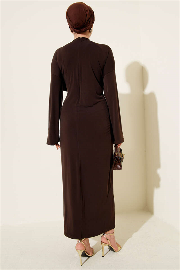 Sandy Dress with Metal Buckle and Gathered Design, Brown