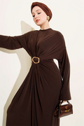 Sandy Dress with Metal Buckle and Gathered Design, Brown