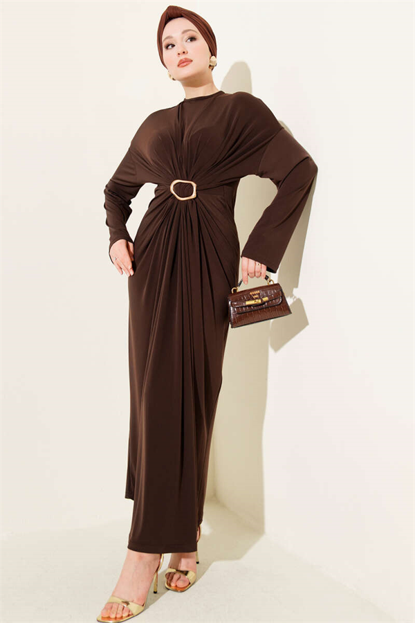 Sandy Dress with Metal Buckle and Gathered Design, Brown