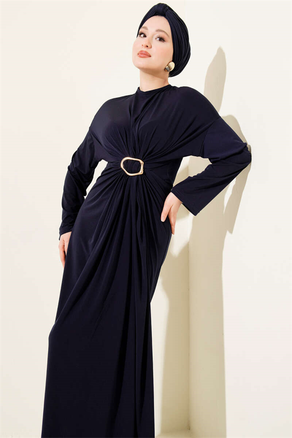 Sandy Dress with Metal Buckle and Gathered Design, Navy Blue