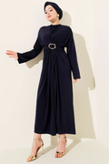 Sandy Dress with Metal Buckle and Gathered Design, Navy Blue