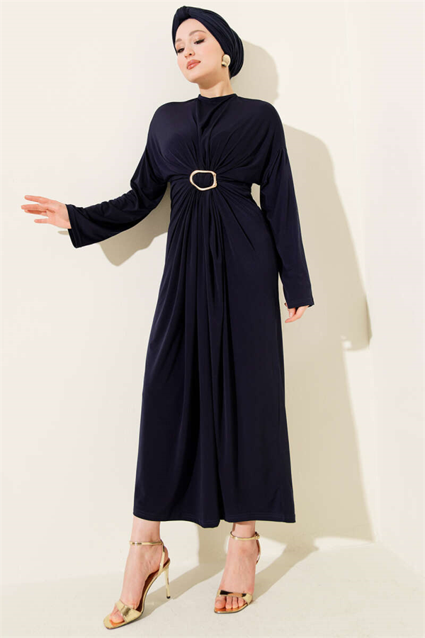 Sandy Dress with Metal Buckle and Gathered Design, Navy Blue