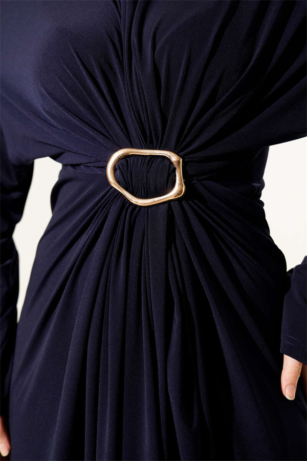 Sandy Dress with Metal Buckle and Gathered Design, Navy Blue