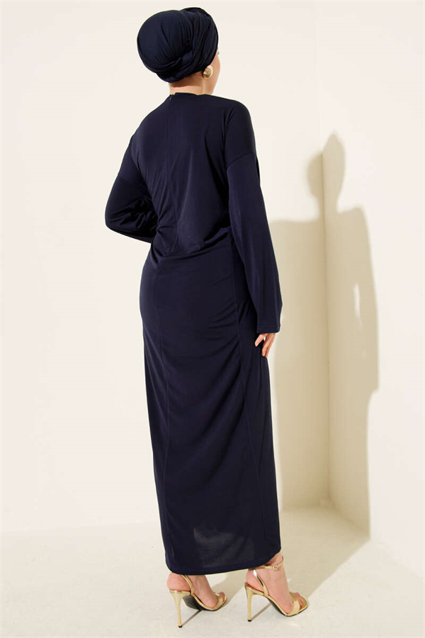 Sandy Dress with Metal Buckle and Gathered Design, Navy Blue