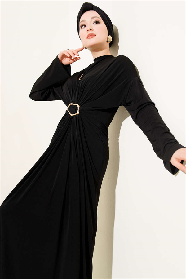 Black Sandy Dress with Metal Buckle and Gathered Detail