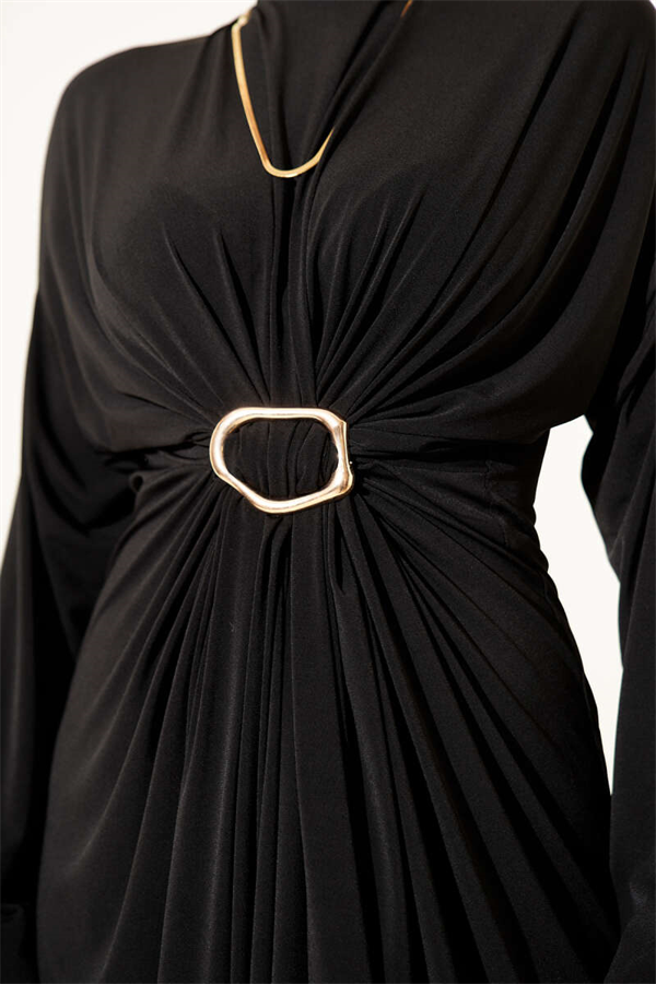 Black Sandy Dress with Metal Buckle and Gathered Detail