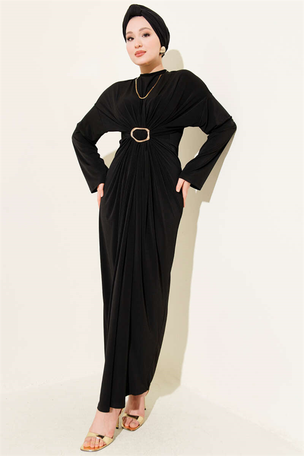 Black Sandy Dress with Metal Buckle and Gathered Detail