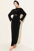 Black Sandy Dress with Metal Buckle and Gathered Detail