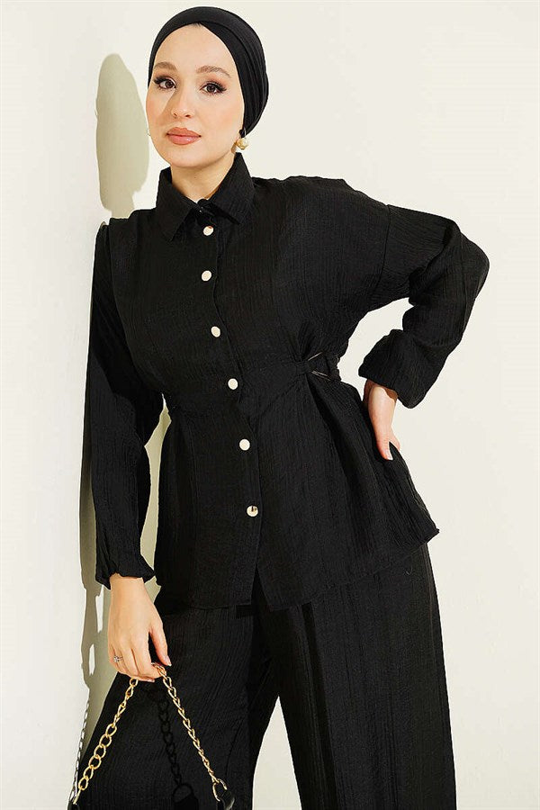 Black 2 Piece Set with Metal Buckle and Side Belts