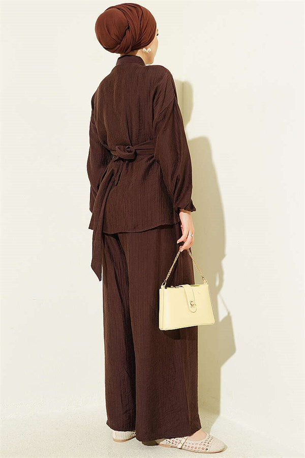 2 Piece Set with metal buckle and side belts, coffee color.