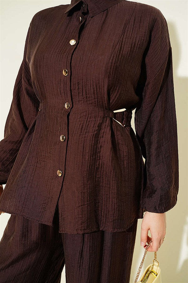 2 Piece Set with metal buckle and side belts, coffee color.