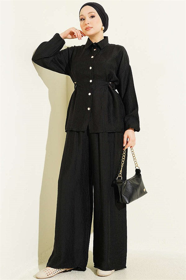 Black 2 Piece Set with Metal Buckle and Side Belts