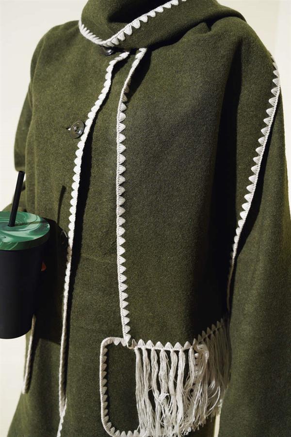 Mussel Stitched Scarf Jacket Khaki