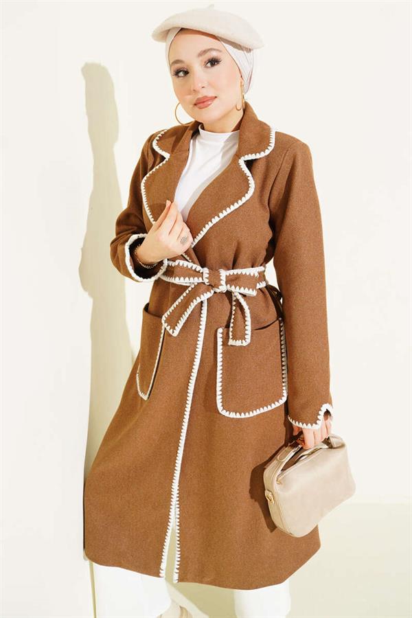 Camel Cashmere Coat with Seashell Stitch and Belt