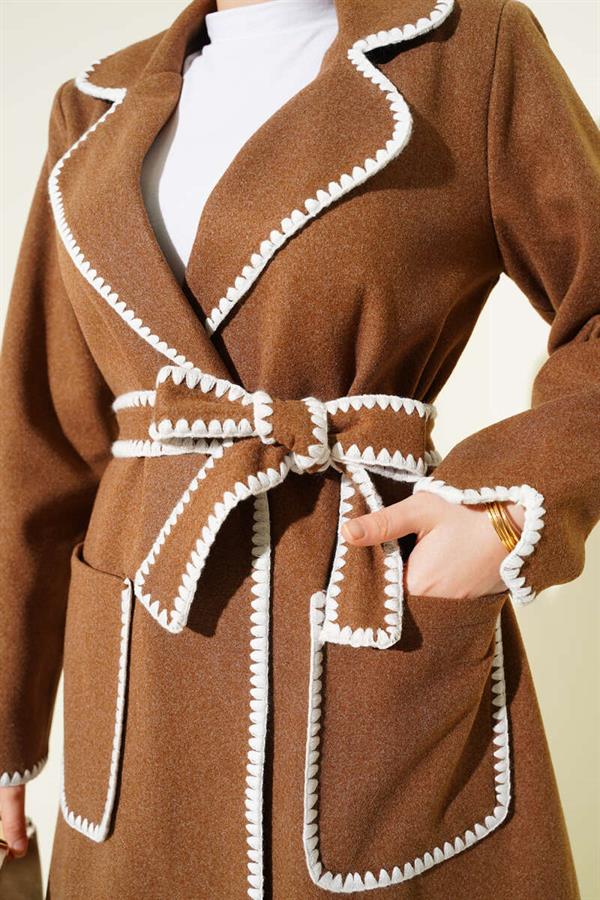 Camel Cashmere Coat with Seashell Stitch and Belt