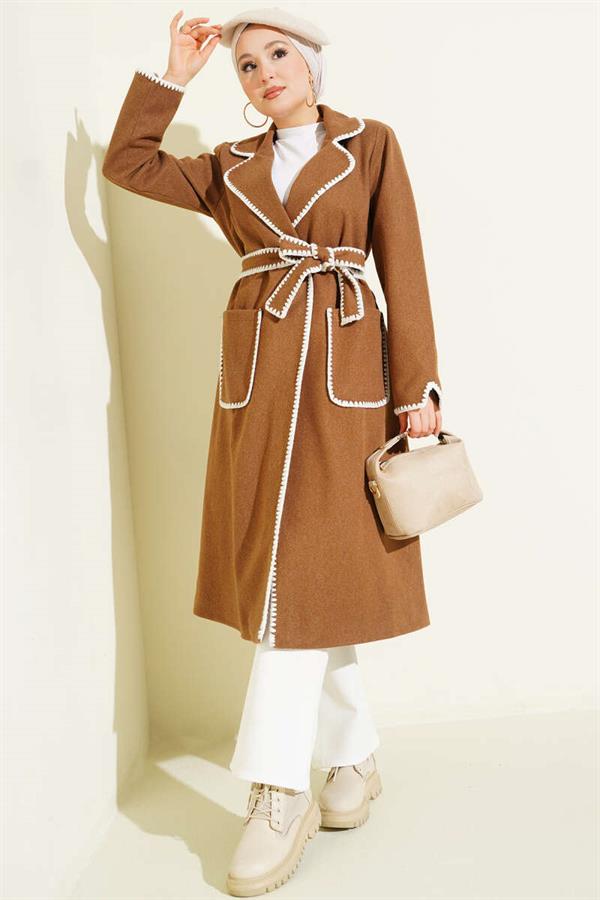 Camel Cashmere Coat with Seashell Stitch and Belt