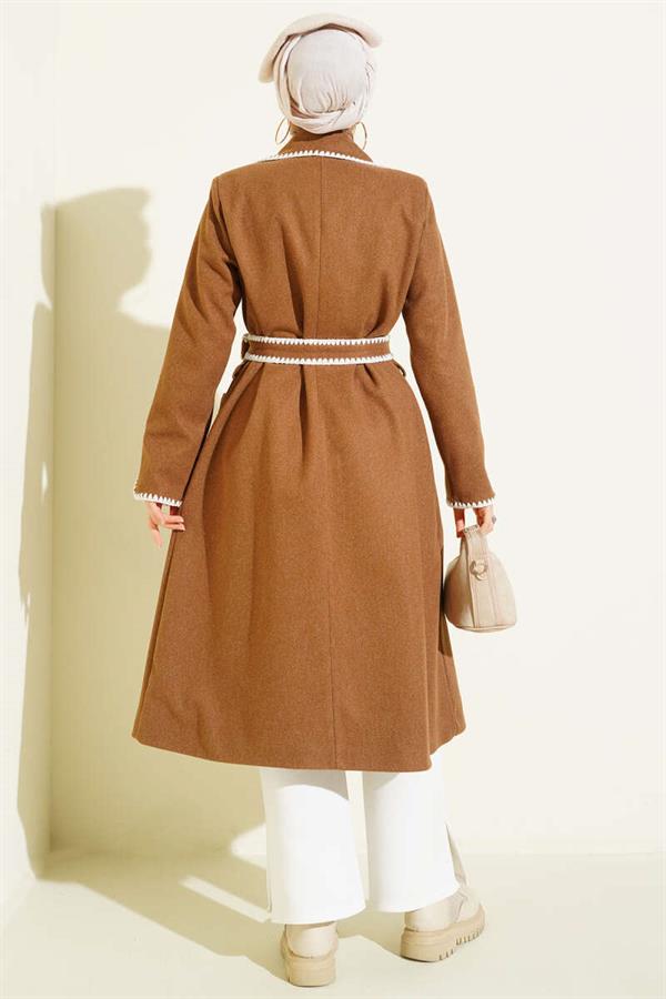 Camel Cashmere Coat with Seashell Stitch and Belt
