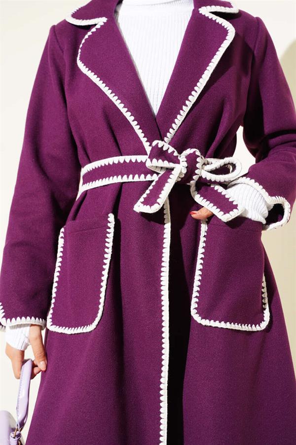 Mussel Stitched Belted Cashmere Coat in Plum
